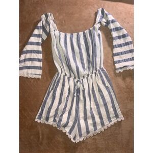 Listicle Women Medium Blue White Stripe Off Shoulder 3/4 Sleeve Short Romper (T)